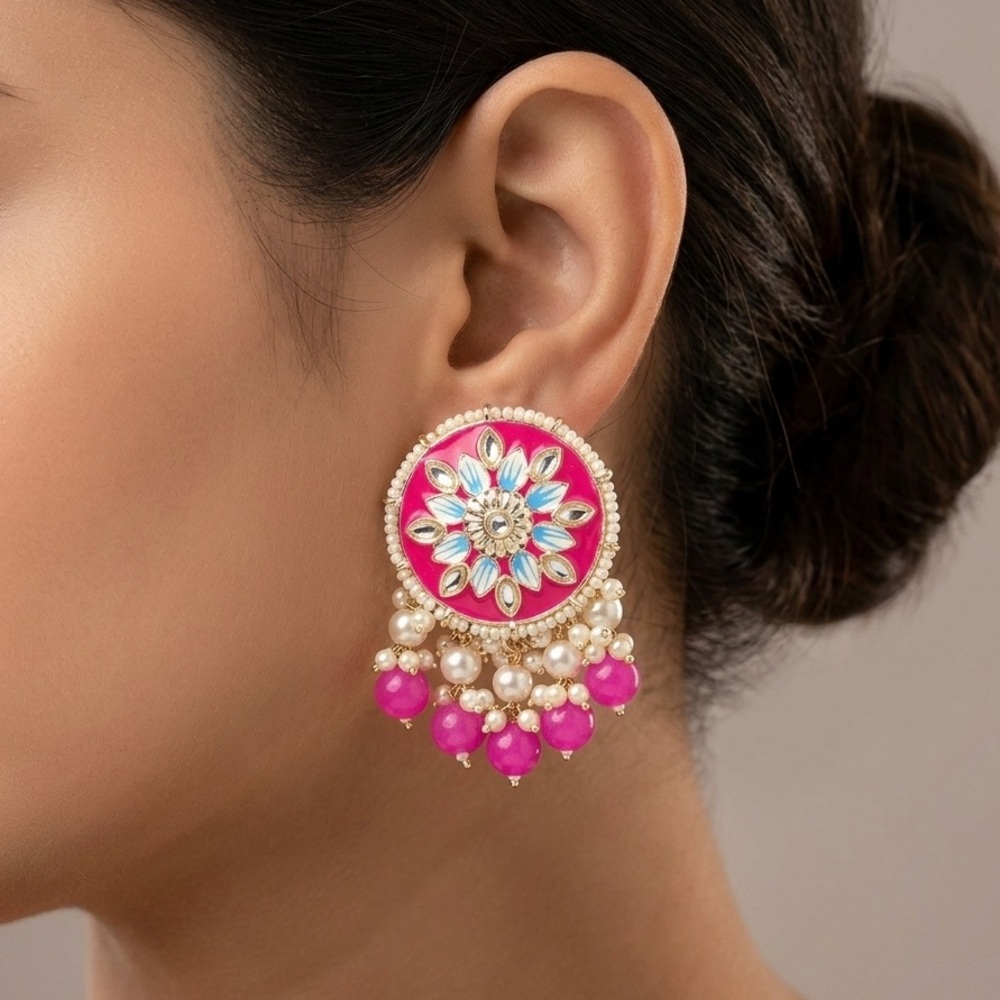 Rani Pink Meenakari Kundan Earrings | Pearl Jhumka Stud Ethnic